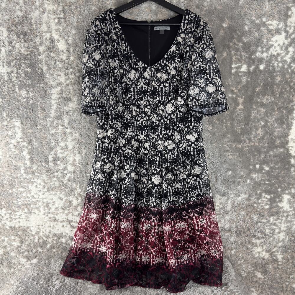 Danny Nicole Size 6 Boho Geometric V Neck Fit Flared Midi Dress Black Red Zip
